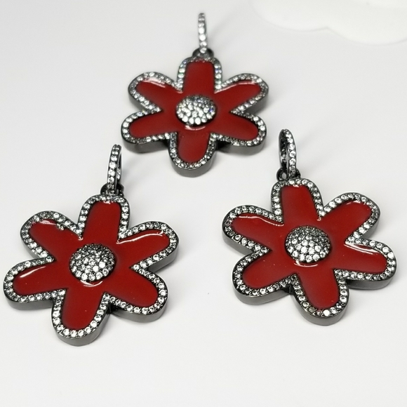 NWT Red Enamel Flower Pendant Charm Pave CZ - Picture 3 of 8